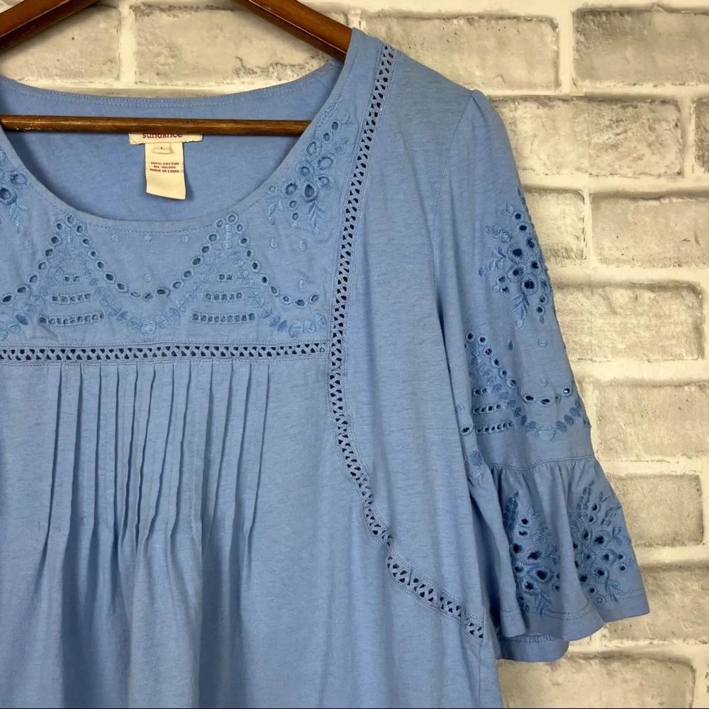 Sundance Light Dusty Blue Boho Lace Soft Cotton Bohemian Hippie Blouse Sz Large - Picture 2 of 6